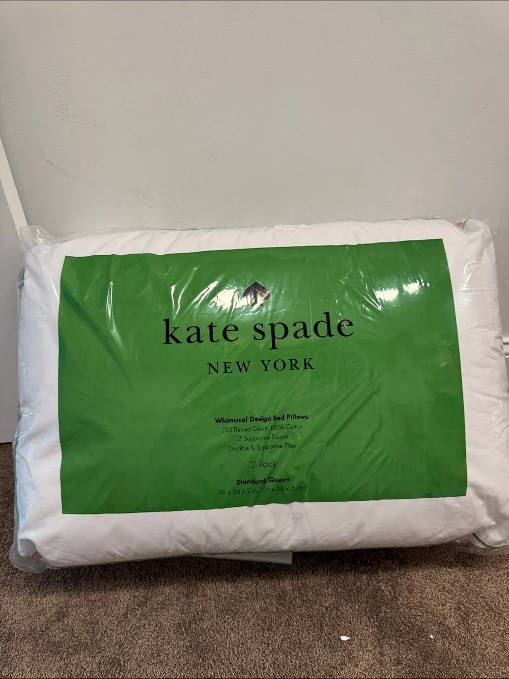 Kate spade strawberry trim set of 2 queen size bed pillows 18” x 26” x 2” NIP